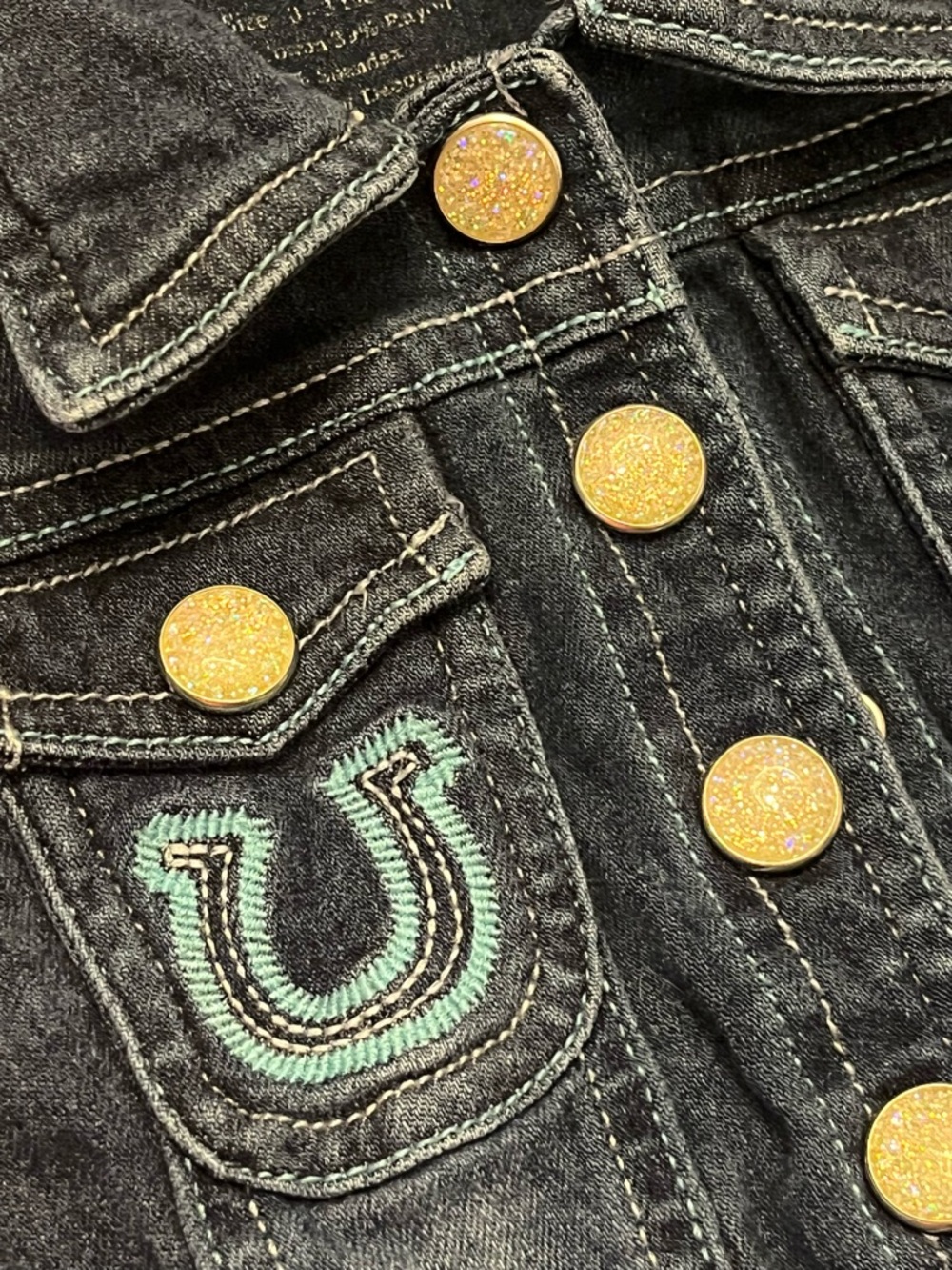 Baby Wrangler Denim Jacket Turquoise Stitching Sparkly Buttons size 0-3 - Picture 3 of 6
